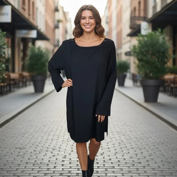 Eileen Fisher Classic Black Long Sleeve 100% Silk Crepe Longline Tunic